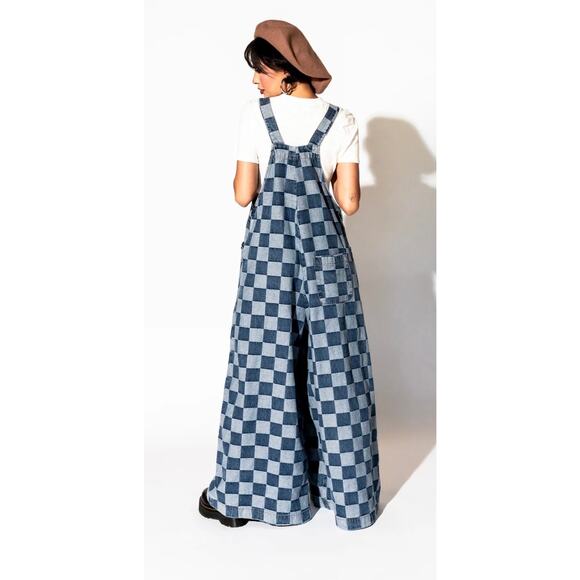 New Dressed in LALA Big Feelings Oversized Denim Checker Overalls Wide Leg Small - Picture 2 of 11